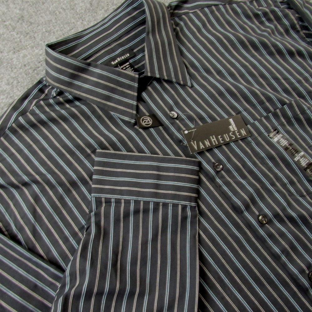 Van Heusen Shirt Mens 2XL 18.5‎ Black Striped Non Iron Long Sleeve Dress